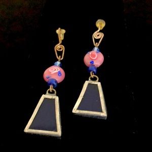 Blue Glass and Pink Flower Bead Dangle Earrings